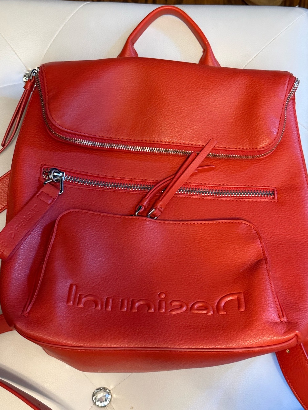 Desigual Red Vegan-Leather Backpack with Front Zip Pocket